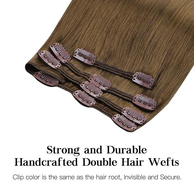 HOTBANANA Human Hair Clip in Hair Extensions, Medium Brown 120g Clip in Hair Extensions Real Human Hair Straight Remy Hair 20 Inch 7pcs