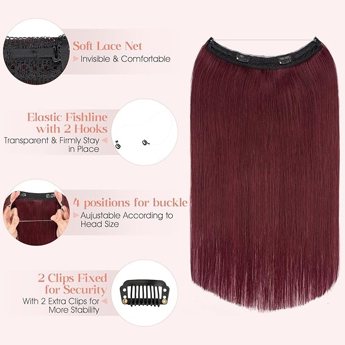 Hairro Wire Hair Extensions Human Hair, Fish Line Invisible Adjustable & Clips in Extensions Straight, 100% Real Hairpieces Seamless Blending for Women, 14 Inch 70g Wine Red