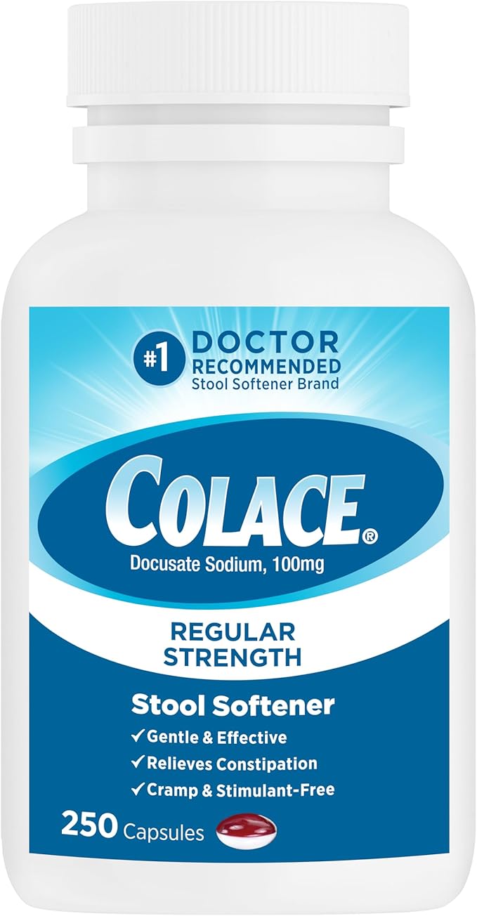 Colace Regular Strength Stimulant-Free Stool Softener 100mg, Docusate Sodium Laxative for Safe Occasional Constipation Relief, Cramp-Free, Irregularity Treatment for Adults & Children 2+, 250 Capsules