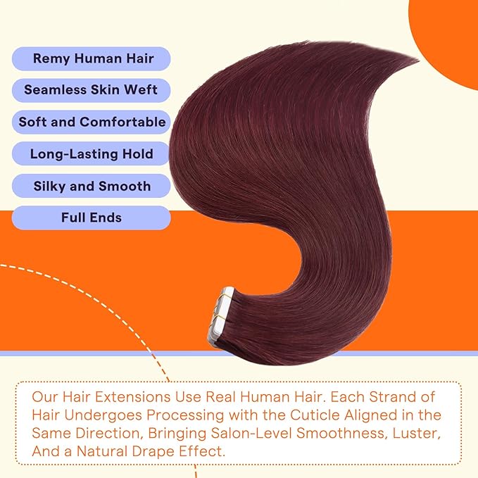 Full Shine Tape in Hair Extensions Human Hair Color 99J Red Wine 18 Inch Remy Seamless Skin Weft Human Hair Tape in Extensions 50 Grams Fashion Straight Invisible Soft and Silky 20PCS Add Volume