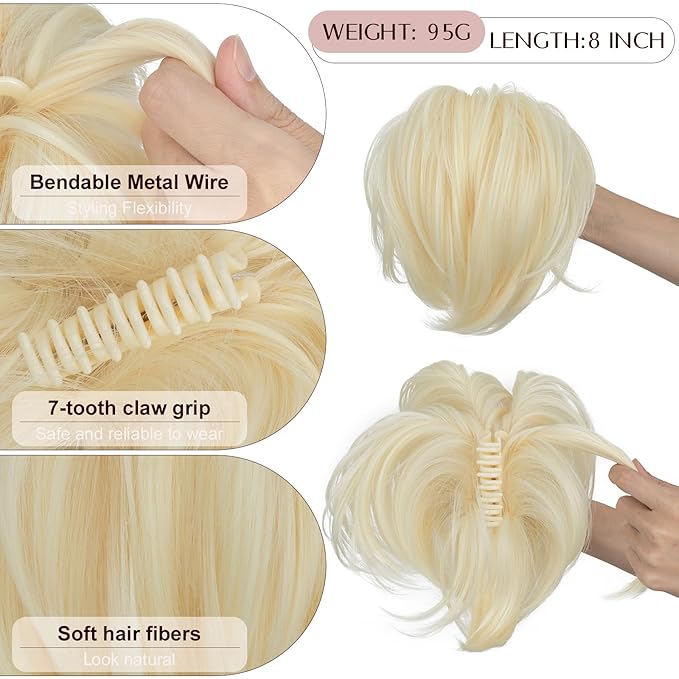 Claw Clip Short Ponytail Hair Extensions Messy Bun Hair Piece Pony Tails Hair Extensions with Bendable Metal Wire Hair Pieces DIY Style 8 Inch 613 Light Blonde