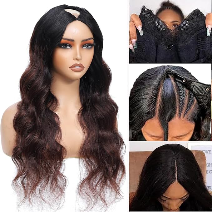 Ombre V Part Wig Human Hair Body Wave Brown Wig Upgrade U Part Human Hair Wig with Clips Glueless Wigs Human Hair Clip in Half Wigs No Leave Out Highlight Wig Human Hair 180% Density 20 inch