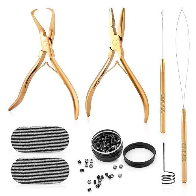 Gomake Microlinks Hair Extensions Kit, Hair Extension Closer and Removal Pliers, Micro Beads Pulling Hook & Microbead Loop Tool, Micro Links Silicone Rings Bead 200PCS(Gold)