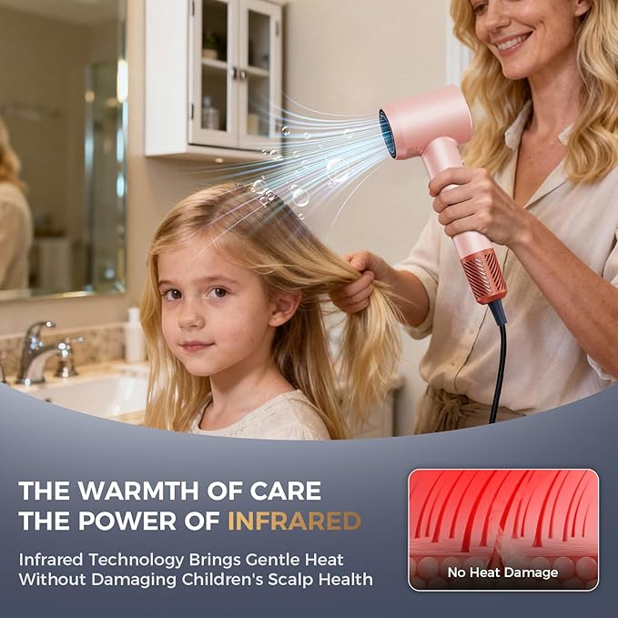 Infrared Hair Dryer, with Magnetic Nozzle - 160000 RPM Quiet lonic Blow Dryer for Women, with Frizz Control & No Heat Damage, Red Light Negative Ions, Fast Drying, for All Hair Types