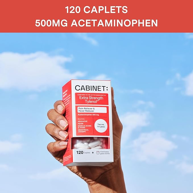 Cabinet: 500mg Acetaminophen for Headache Relief, Toothaches, Sore Throat, and Fever Reducer, Includes 1 Refillable Medicine Jar, 120 Tablets Refillable Glass Jar - (Pack of 3)