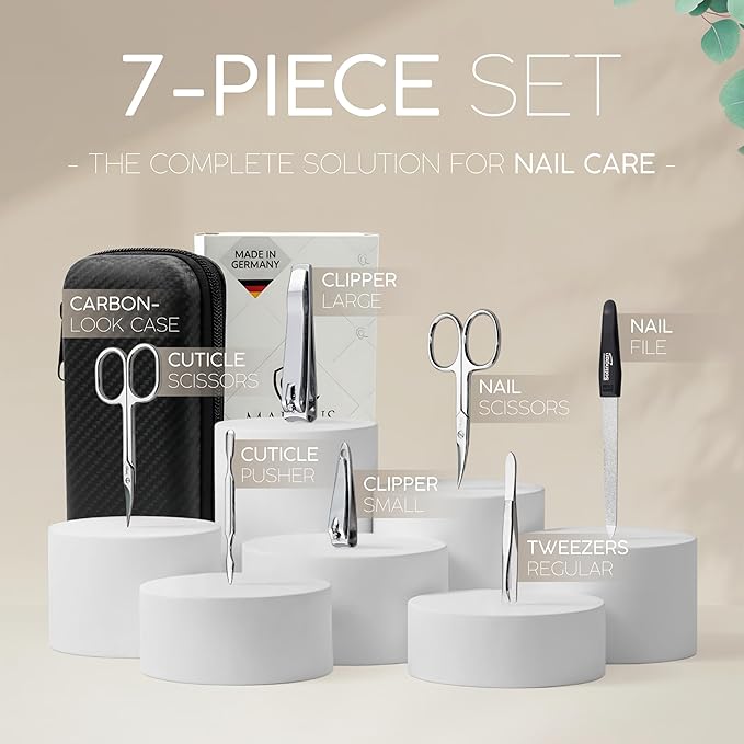Manicure Set Solingen Made in Germany - 7 Piece Exclusive Finger & Toe Nail Clippers Kit for Women and Men in Vegan Leather Case, Color Carbon