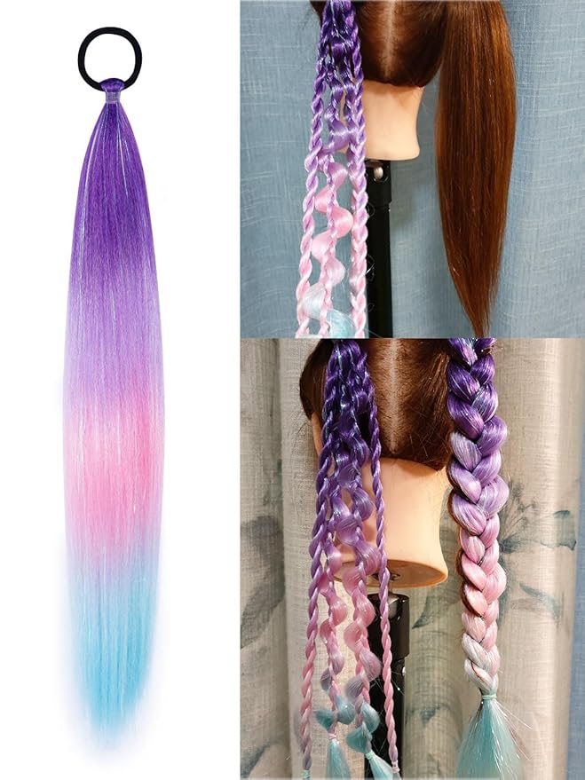 Colored Hair Extensions for Braids Ombre Ponytail Extension Colorful 2 Packs, 20 inch Crazy Hair Day Accessories for Women, DIY Festival Wacky Rave Braids,Tinsel Mixed