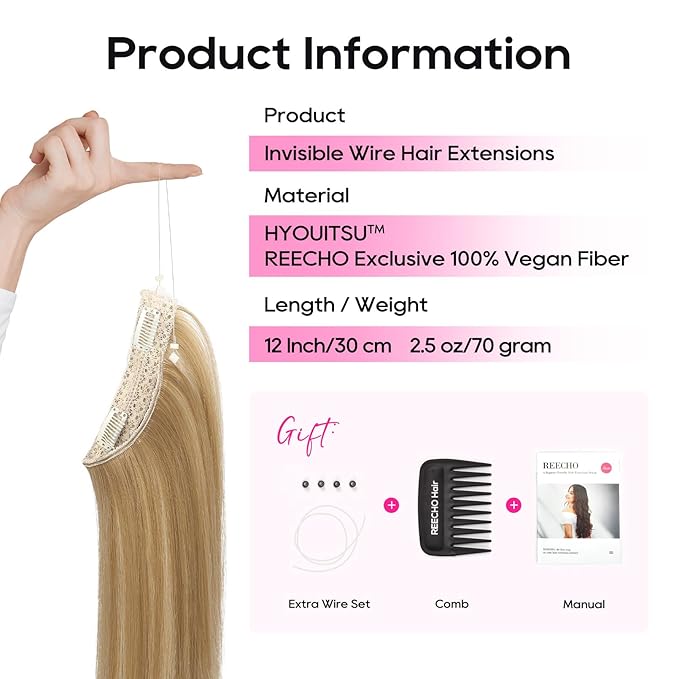 REECHO Invisible Wire Hair Extensions with Thinner Softer Lace Weft 12" Short Straight Clips in Secret Hairpiece for Women 12 Inch (Pack of 1) - Golden Blonde with Highlights