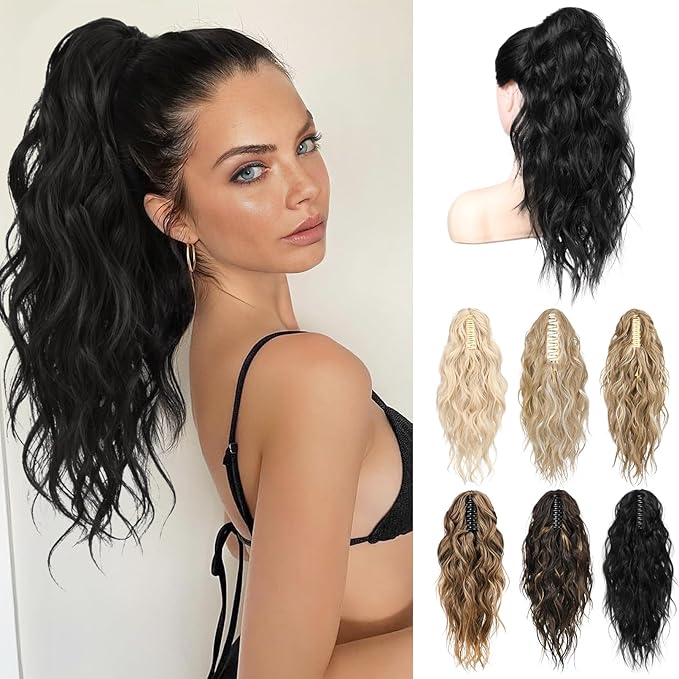 LONAI Black Ponytail Extension, 18" Wavy Claw Clip Ponytail Extensions ZJ001 Shoulder Length Curly Wavy Claw Clip in Ponytail Hair Extensions Synthetic Fake Pony tails Hairpieces-Black