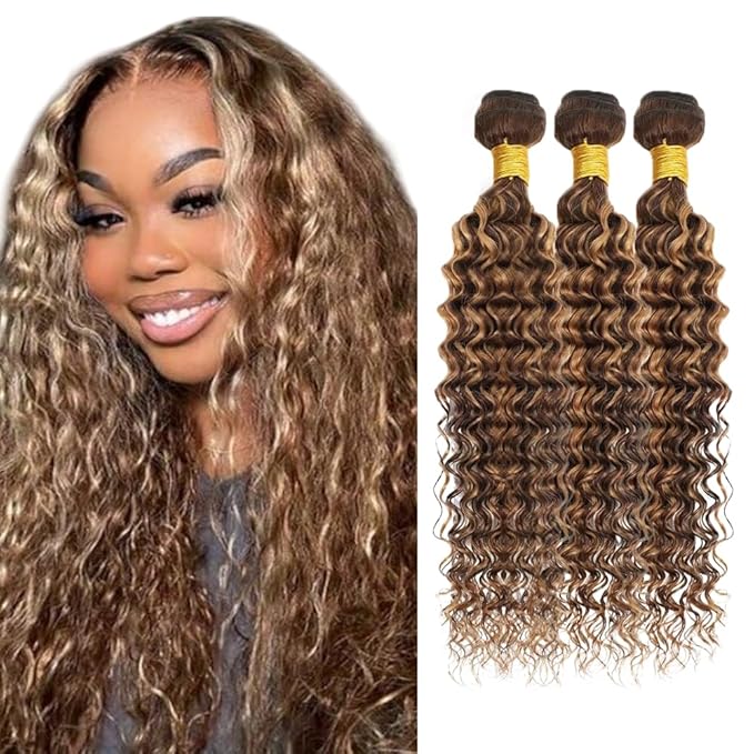 Highlight Bundles P427 Human Hair Bundles Dark Brown Bundle 14 16 18 inch Ombre Brown Deep Wave Bundle 150g