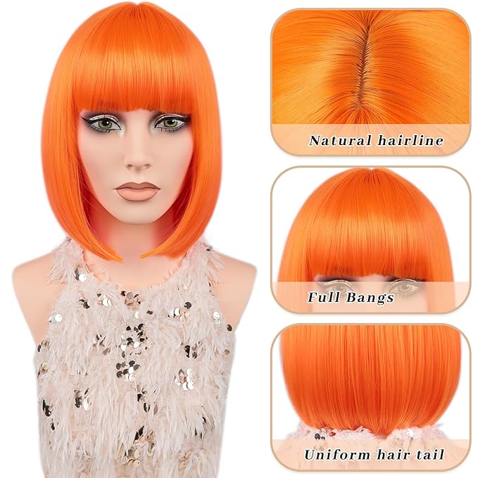 MAYSA Orange Bob Wig with Bangs for Women Short Straight Bob Wigs 12in Synthetic Cosplay Halloween Party Neon Wigs # Orange