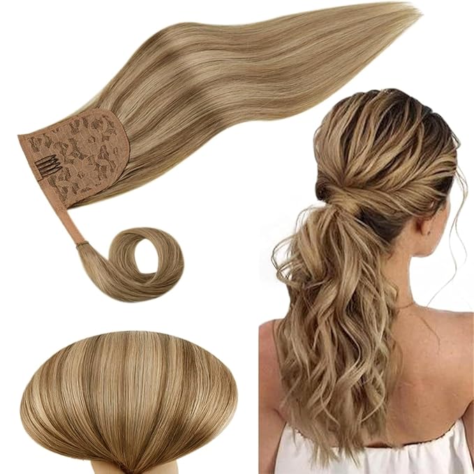 RUNATURE Human Hair Ponytail, Clip in Ponytail Extension Human Hair Wrap Around, Straight Long Ponytail Hair Extensions for Women, 20 Inch 80g #10P16 Caramel Blonde Highlight