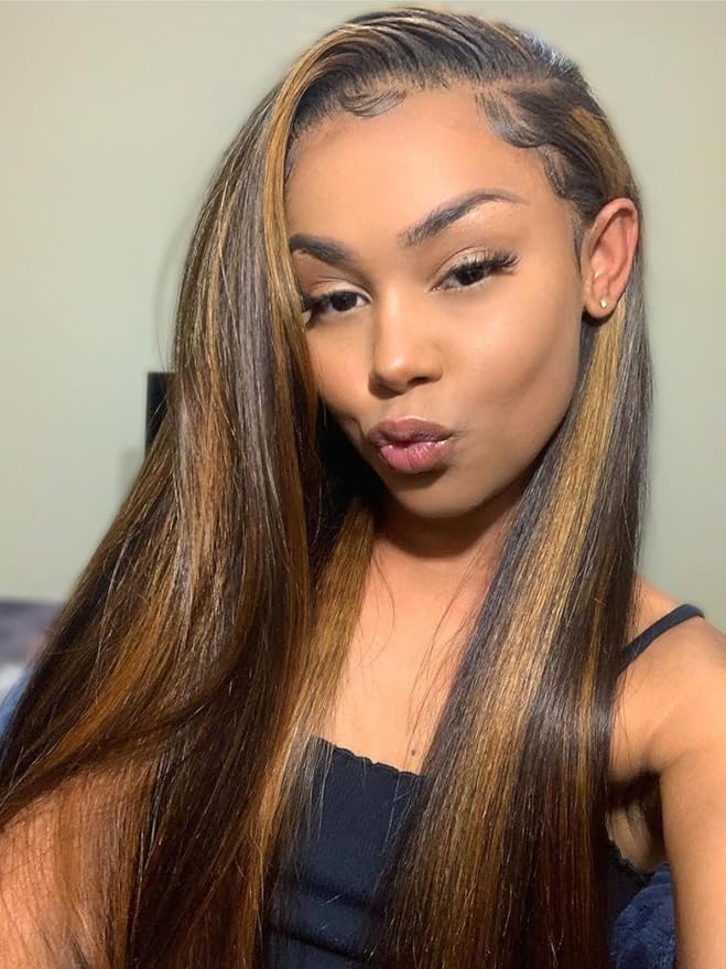 Sunber Ombre Brown Highlight Yaki Straight V Part Human Hair Drawstring Glueless Wig No Leave Out Vpart Balayage yaki straight Clip In Half Wigs No Leave Out Real Scalp V Shape 20Inch