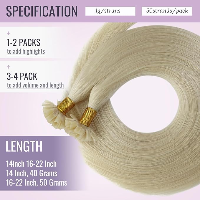 Fshine Blonde Fusion Hair Extension Human Hair 22 Inch U Tip Human Hair Extension Color 60 Platinum Blonde Hair Extensions Keratin Bond Hair Extensions 1g/Strand 50g/Pack