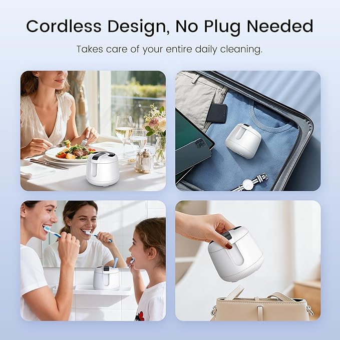 MEKO Cordless Ultrasonic Retainer Cleaner Machine, 48kHZ Rechargeable Denture Cleaner with 4000mAh Battery, IPX5 Waterproof Dental Pod for Aligner, Braces, Jewelry, Toothbrush Head-White