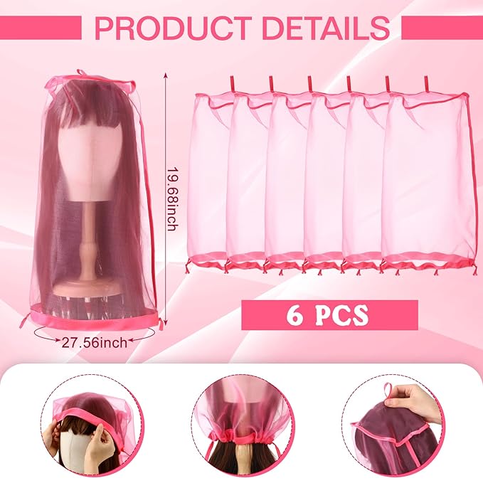 Loopeer 6 Pcs Wig Storage Bags Adjustable Wig Bag with Drawstring Portable Travel Organizer for keep from Dirt Dust(Rose Red)
