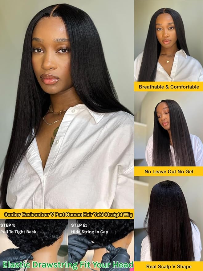 Sunber EasiContour Yaki Straight V Part Human Hair Glueless Wigs with Drawstring No Leave Out No Gel 180% Density Vpart light yaki straight Clip In Half Wigs No Leave Out Real Scalp V Shape 16Inch