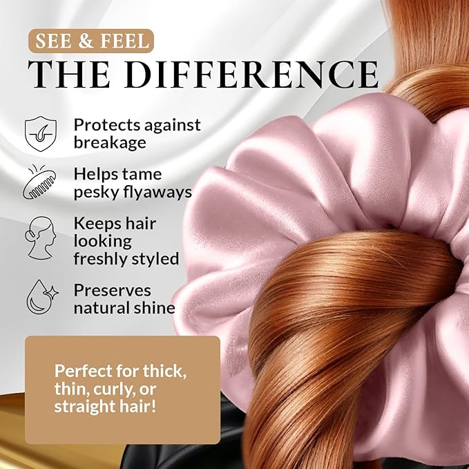 100% Pure 22 Momme Mulberry Silk Scrunchies (Set of 3) | Highest grade (6A) Luxury Hair Ties| (Black,White,Pink) | (Black, Standard/Small/Skinny)