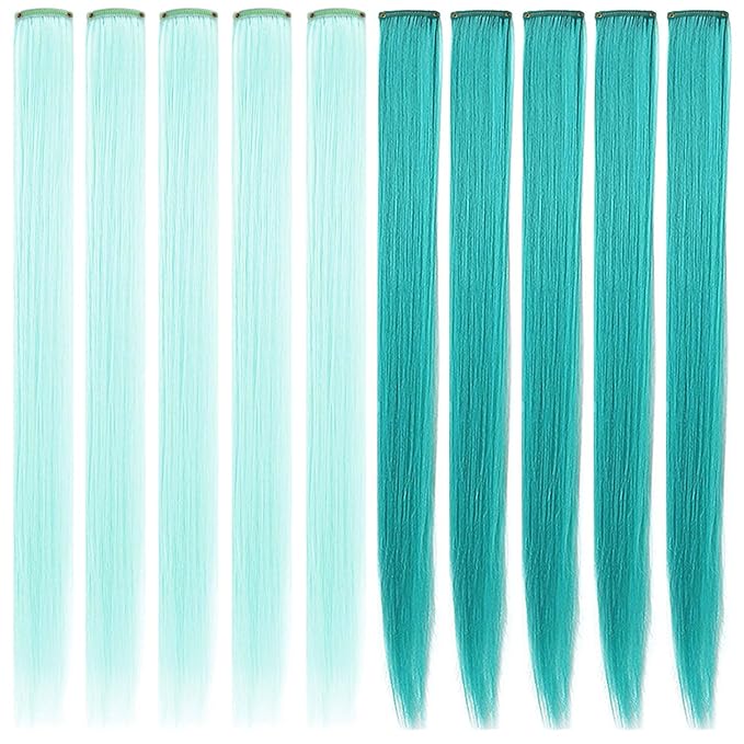 10PCS 21''Colorful Party Highlights Clip in Teal and Light green Hair Extensions Multicolor Straight Synthetic Hairpieces for Women Girls (Teal,Light green)