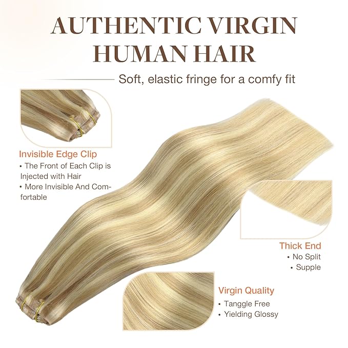 GOO GOO Invisi Edge Clip in Hair Extensions 20inch 110g 7Pcs Injected Seamless PU Clip in Hair Extensions, Virgin Real Human Hair, 16/22 Light Blonde Highlighted Golden Blonde