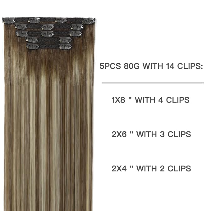 Clip in Hair Extensions Chestnut Brown Balayage to Platinum Blonde Mix Brown Real Human Hair Medium Brown Ombre Hair Extensions Remy Human Hair Clip in Extensions 12 Inch 5Pcs 80g