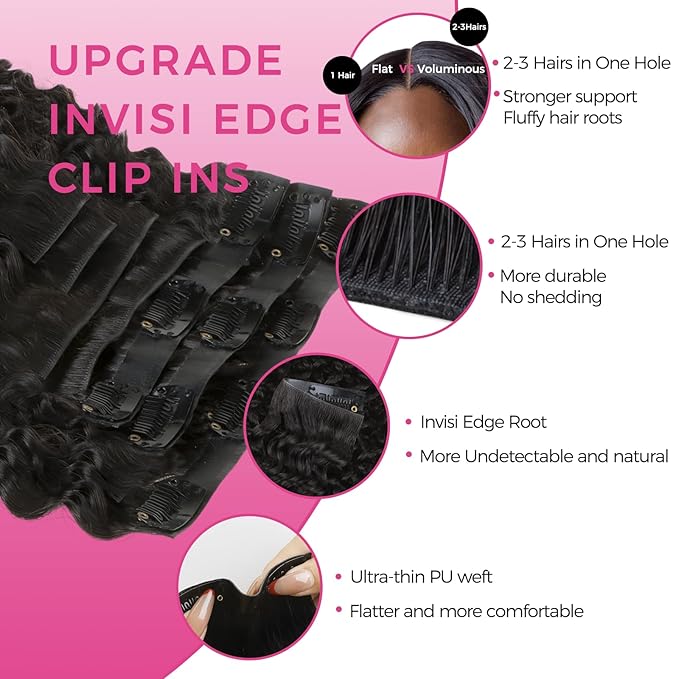 Lashey Invisi Edge Clip in Hair Extensions 14 Inch 110g 7pcs Injected Seamless PU Clip in Hair Extensions Virgin Human Hair, Natural Black Kinky Curly Hair