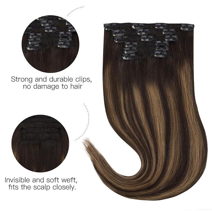 HOTBANANA Human Hair Clip in Hair Extensions, Balayage Dark Brown Mixed Chestnut Brown 120g Clip in Hair Extensions Real Human Hair Straight Remy Hair Clip Ins Dark Roots Ombre 22 Inch 7pcs