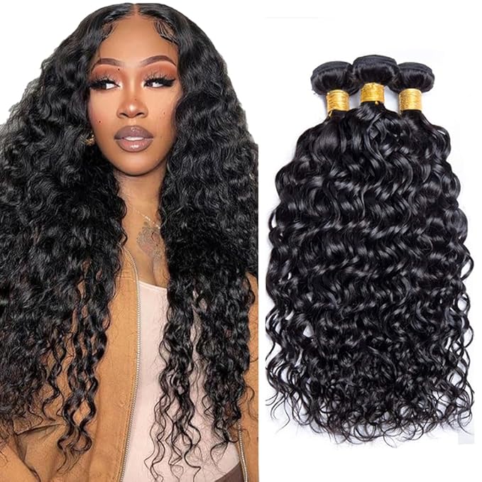 30 32 34 Inch Wat and Wavy Bundles Human Hair Black Natural Color Bundle Brazilian Unprocessed Virgin Hair 150g/3 Bundles Wat and Wavy Human Hair Weave