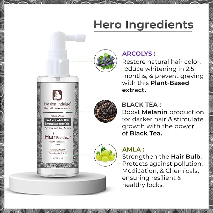 Passion Indulge Hair Proteinz Anti Grey Hair Serum with Arcolys, Black Tea & Amla | Prevents Premature Greying & Restore Natural Hair Color -50 ML