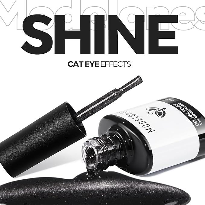modelones Black Cat Eye Gel Nail Polish Silk Glass Shimmer Black Nail Polish Holographic Glitter Magnetic Polish with Magnet Soak Off Led 15 ML