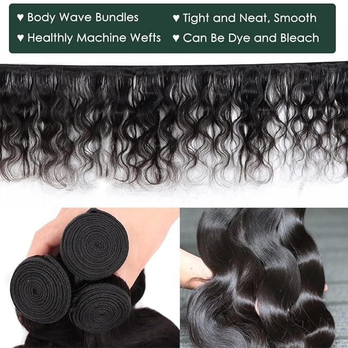 Brazilian Body Wave 3 Bundles with Closure 100% Unprocessed Human Hair Extensions 4x4 Free Part Lace Closure Natural Black Color (22 24 26+20)