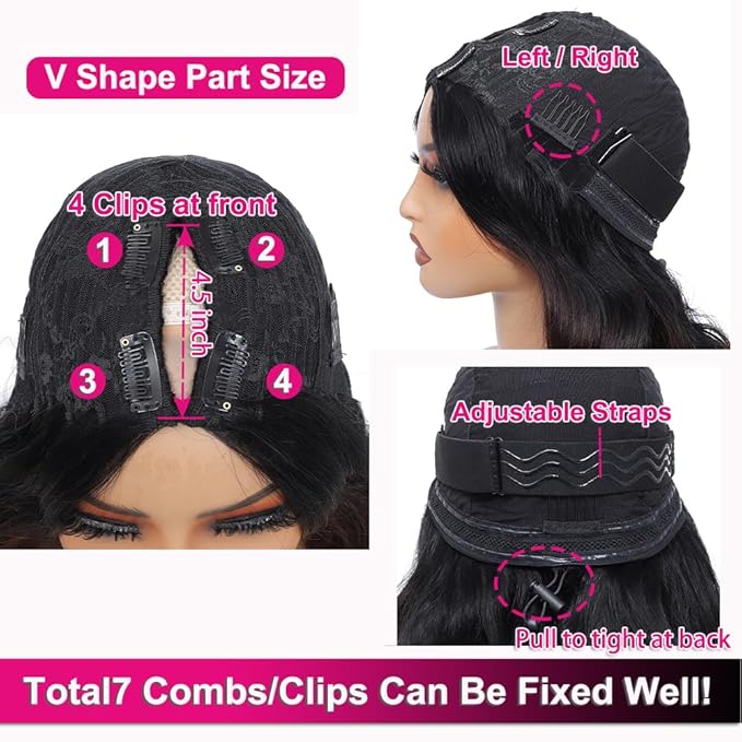 Ombre V Part Wig Human Hair Body Wave Brown Wig Upgrade U Part Human Hair Wig with Clips Glueless Wigs Human Hair Clip in Half Wigs No Leave Out Highlight Wig Human Hair 180% Density 20 inch