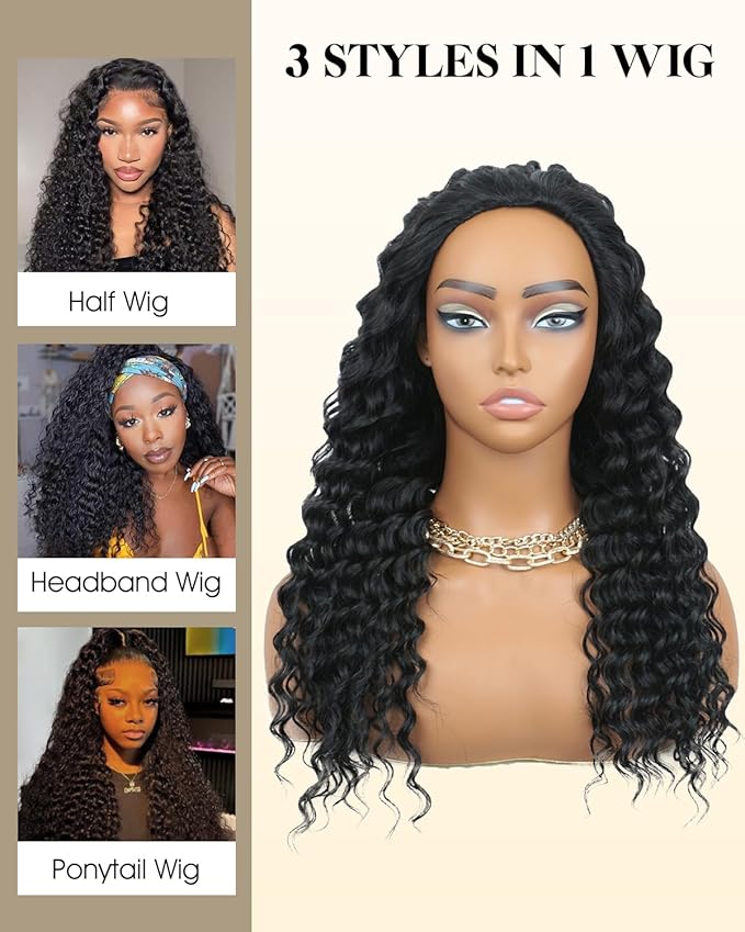 Deep Wave Half Wig Human Hair 200% Density 3 in 1 Half Wig for Women Invisible Hairline Glueless Beginner Friendly Drawstring Seamless Flip Headband Wig Wear & Go 28 Inch