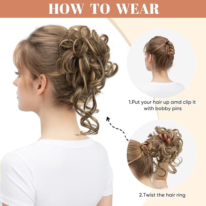 CJL HAIR 2PCS Messy Bun Hair Pieces Wavy Curly Synthetic Updo Chignon Fake Scrunchies Ponytail Extension for Women Grey Multi