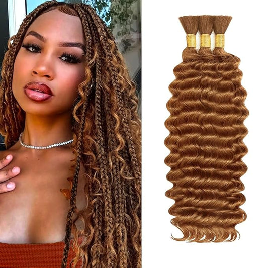 #30 Human Braidng Hair for Boho Braids 22 22 22 Inch Brown Deep Wave Bulk Human Hair for Braiding 10A Deep Wave Bulk 3 Bundles 150g