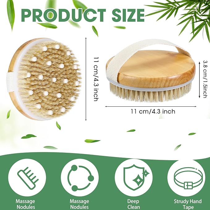 Gejoy 5 Pcs Dry Brushing Body Brush Exfoliating Brush with Massage Nodule Dry Skin Body Scrubber for Shower Bath Back Circulation Improvement Dead Skin Exfoliator (4.3 x 4.3 Inches,Wood Color)
