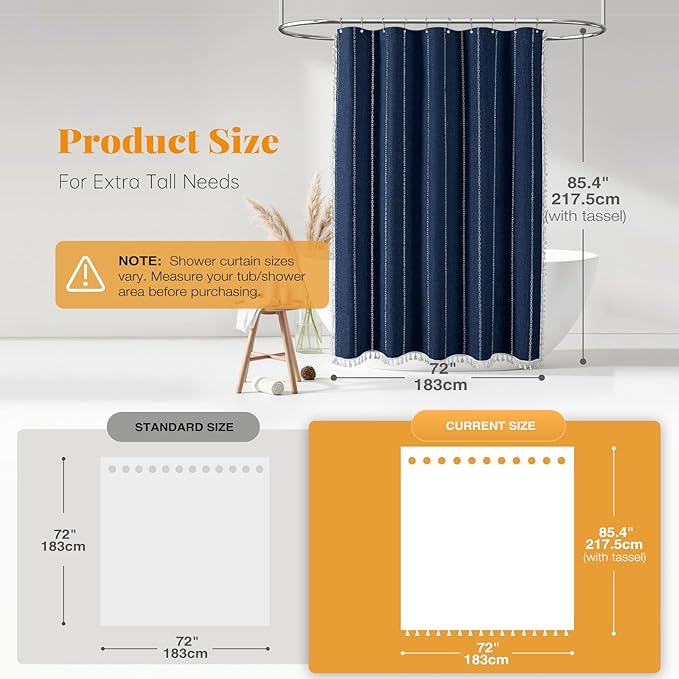 BTTN Boho Farmhouse Shower Curtain - Linen Rustic Heavy Duty Striped Fabric Shower Curtain Set with Tassel, Bohemian Vintage Country Cloth Shower Curtains for Bathroom，Navy Blue，72" W x 84" L