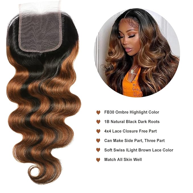 UNICE Ombre Highlight Body Wave 4x4 Lace Closure Free Part, Brown Human Hair Wavy Closure with Dark Roots FB30 Color 20 inch