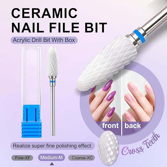 Fantexy 3/32" Ceramic Nail Drill Bit - Remove Acrylic Hard Gels Quickly and Safely,White Ceramic Cone File Bit for Nail Art,Manicure,Pedicure,Gel,Cuticle Clean(Medium - M)
