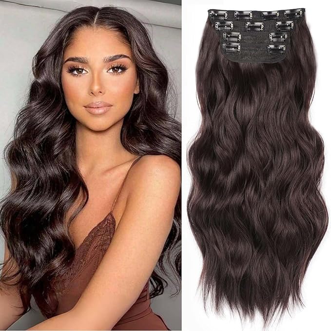 Clip in Hair Extensions Long Wavy Synthetic Hair 20 Inch Dark Brown Hair Extension Clip ins 4 Pcs Thick Hairpieces for Women Double Weft Natural Hair Extensions (20INCH, 6A)