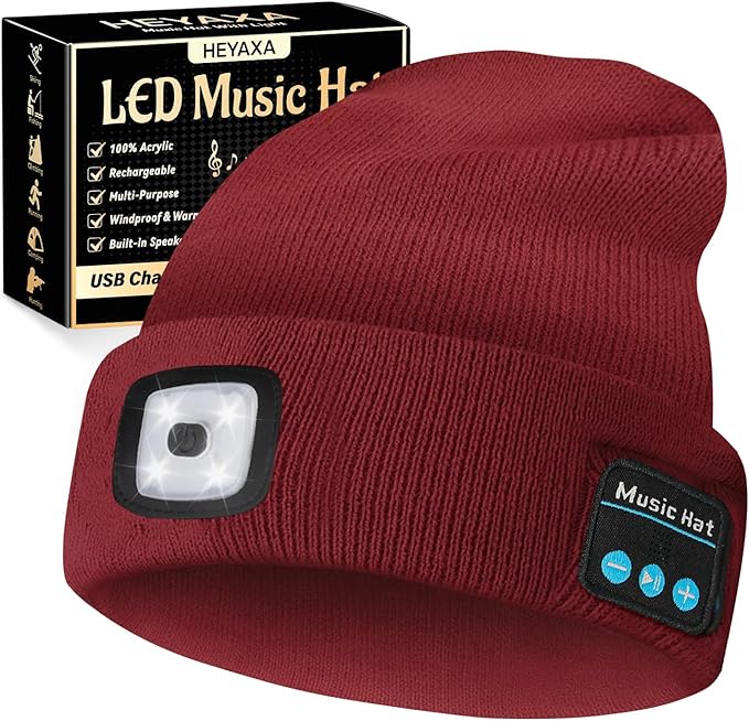 Bluetooth Beanie Hat, USB Rechargeable 4 LED Wireless Music Running Headlamp Cap, Gifts for Christmas, Stocking Stuffer & White Elephant Gifts for Men, Women, Him, Her, Teen Boys, Dad