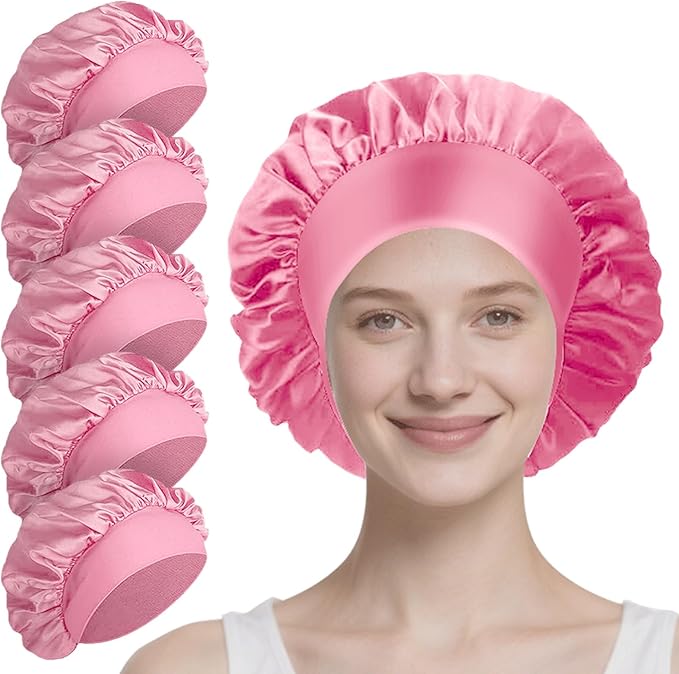 5 Pack Satin Bonnet for Women, 30cm Adjustable No-Slip Sleep Cap for Curly Hair, Breathable Head Wrap for Sleeping & Skincare