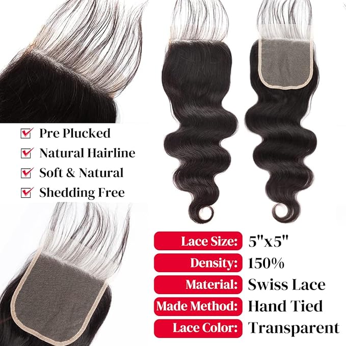 Bundles Human Hair with Closure (18 20 22 24+16 Inch) 12A Body Wave 4 Bundles with 5x5 Closure 100% Unprocessed Brazilian Raw Bundles Human Hair Natural Black