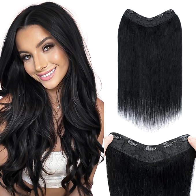 Benehair One Piece Clip in Hair Extensions Real Human Hair 3/4 Full Head V Shaped Weft Thicker Hair Lace Net One Piece Hair Extensions with 5 Clips (20"-70g #1 Dark Black)