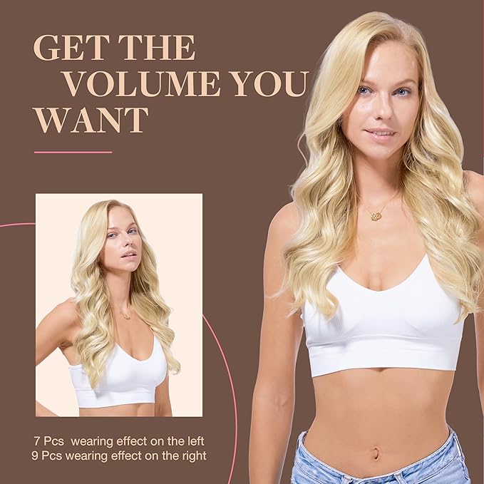 GOO GOO Clip in Hair Extensions Real Human Hair, Remy Human Hair Extensions Clip ins for Women, Natural Human Hair, 18inch 150g 9Pcs, 18A/613A Dark Blonde Highlighted Bleach Blonde