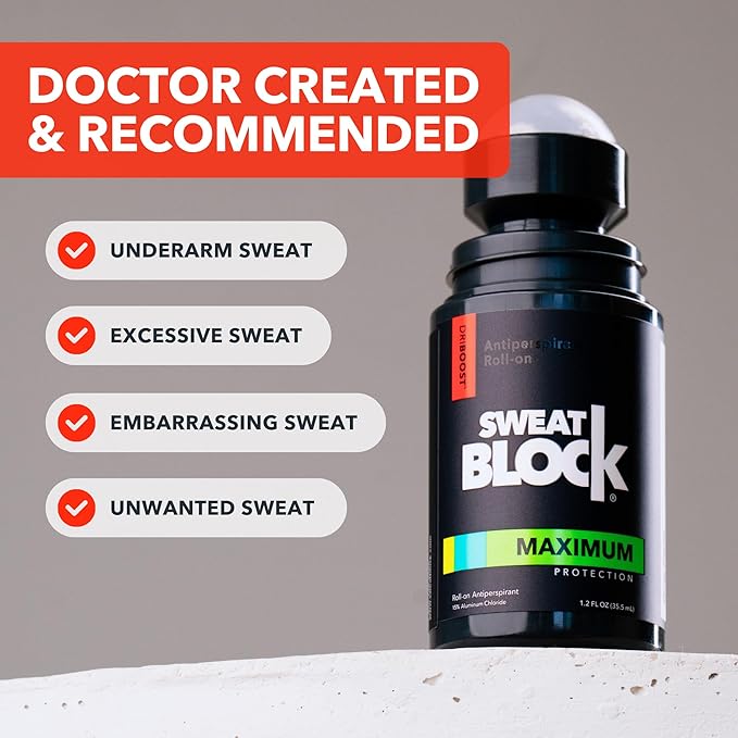SweatBlock Maximum Strength Roll-On Antiperspirant for Men and Women 1.2 FL OZ Hyperhidrosis and Odor Control Formula Blocks Excessive Sweat for Days Per Application Dermatologist Recommended Solution