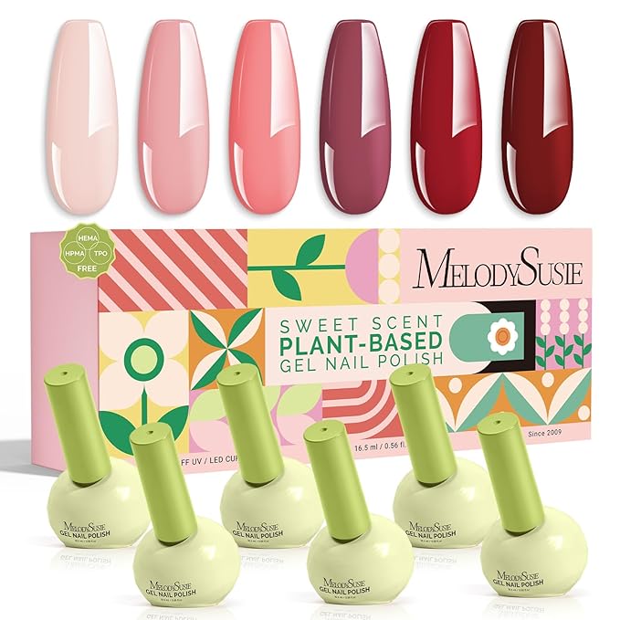 MelodySusie Highly Pigmented Gel Nail Polish Set, 0.56 fl.oz Tilt-and-Stand Bottle, HEMA Free Plant-Based Formula, 6 Colors Crimberry Spark, Soak Off UV LED Manicure Kit Gift Box(Cherry Burgundy Red)