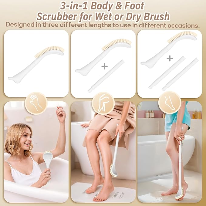 New Foot Brush & Foot File Set(2PCS), 3-in-1 Foot Scrubber in Shower, 10.2’’-27.5’’Adjustable Long Handle Foot Scrub Brush and Upgrade Foot File Callus Remover, Gift-Box Packed(White Set)
