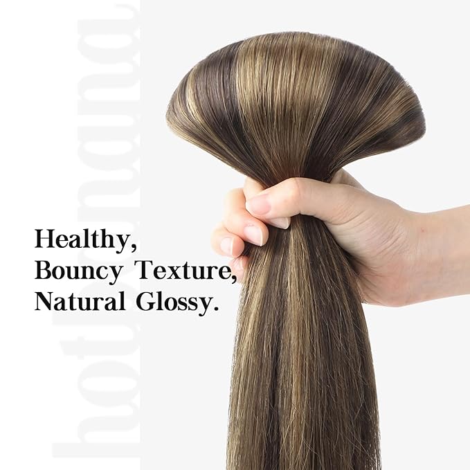 HOTBANANA Human Hair Clip in Hair Extensions, Balayage Dark Brown Mixed Chestnut Brown 75g Clip in Hair Extensions Real Human Hair Straight Remy Hair Dark Roots Ombre 12 Inch 7pcs