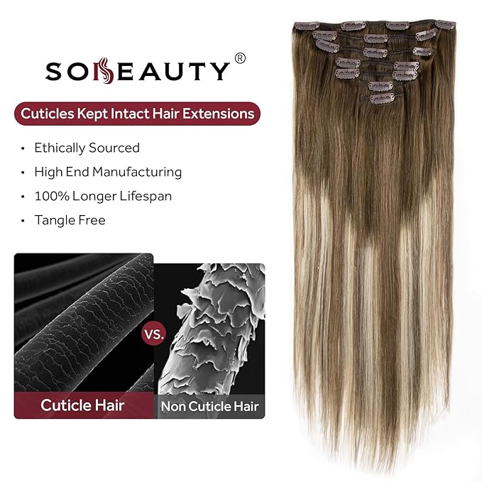 Clip in Hair Extensions Real Human Hair, Silky Straight Remy Hair Extensions for Women, Balayage Walnut Brown to Ash Brown and Bleach Blonde #3TP8/613 20Inch 120G 7PCS